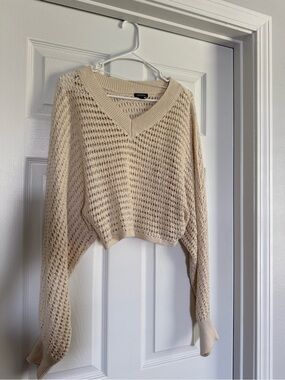 Crochet V-Neck Pullover Sweater in Cream